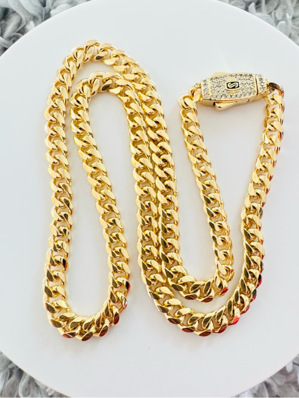 14K Gold Plated Cuban Link Chain Necklace with Pave Clasp. New